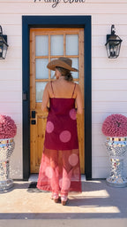 MORE THAN MEETS THE EYE POLKA DOT SHEER MIDI DRESS - BURGUNDY