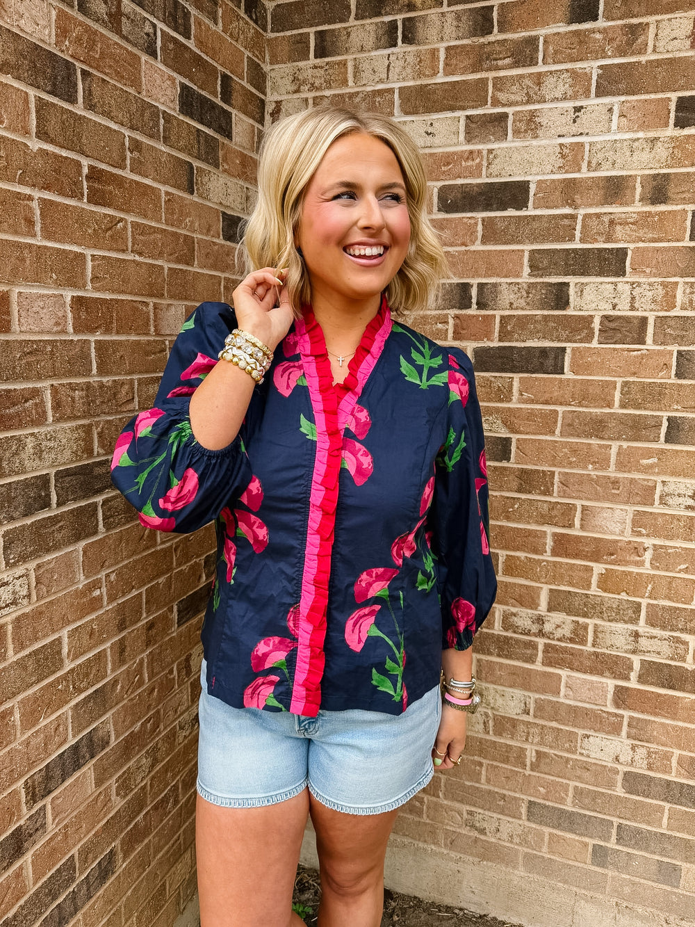 TAKE YOUR TIME RUFFLE NECK FLORAL TOP - NAVY/PINK