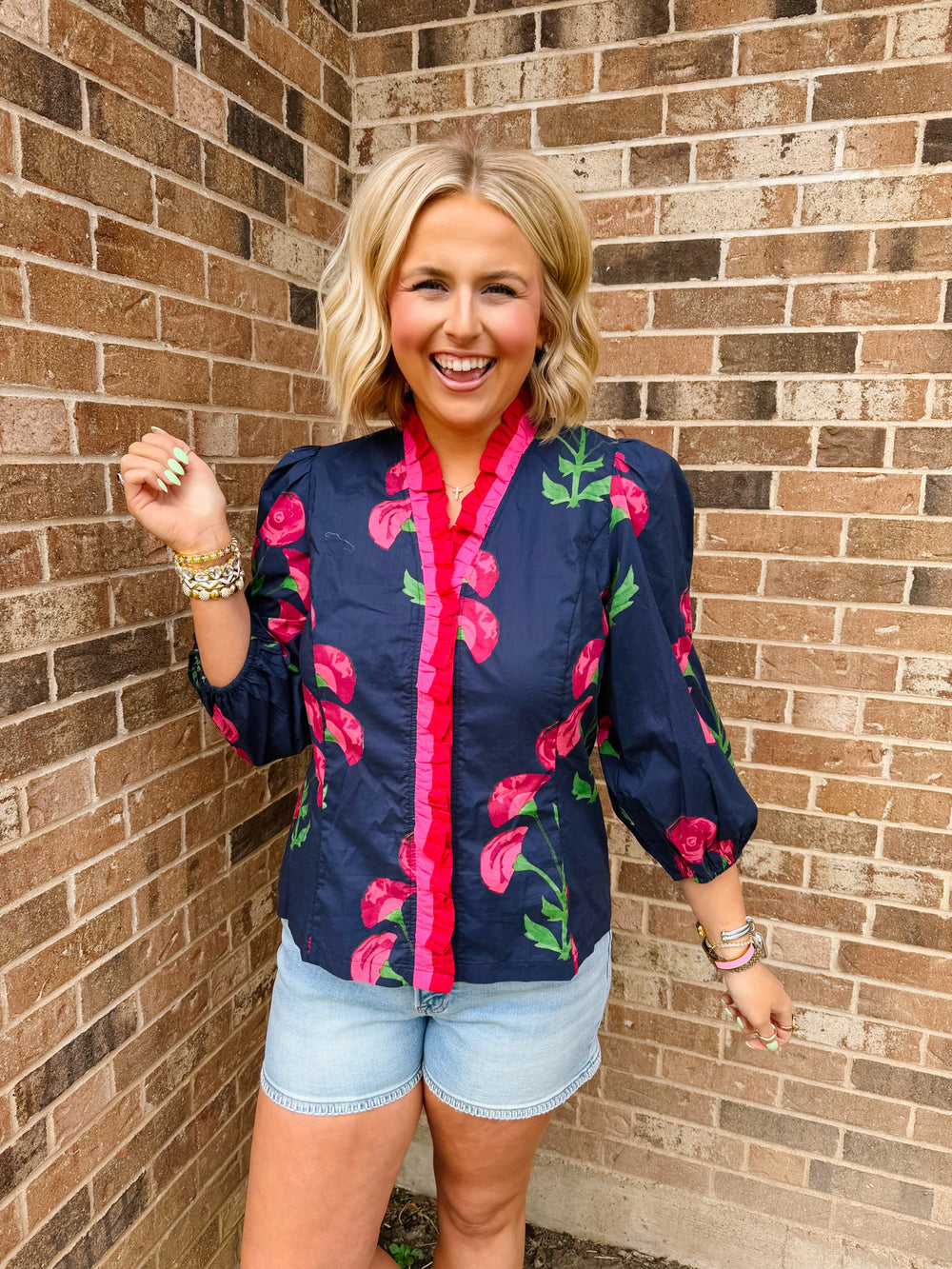 TAKE YOUR TIME RUFFLE NECK FLORAL TOP - NAVY/PINK