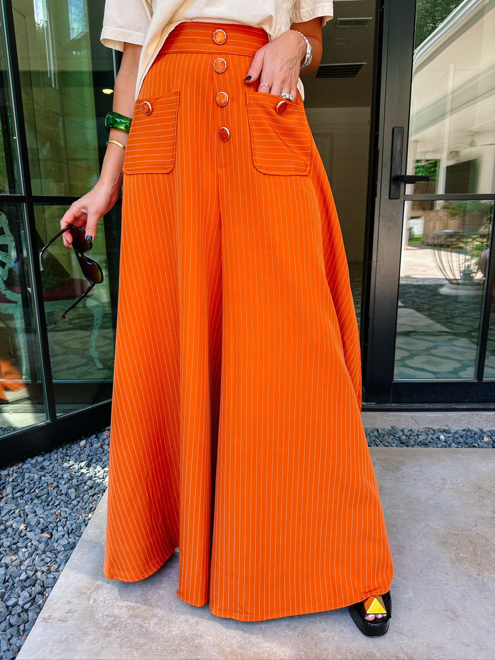 CHATEAU PINSTRIPE WIDE LEG PANTS - ORANGE