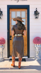 HANDLE WITH CONFIDENCE FAUX LEATHER MIDI DRESS