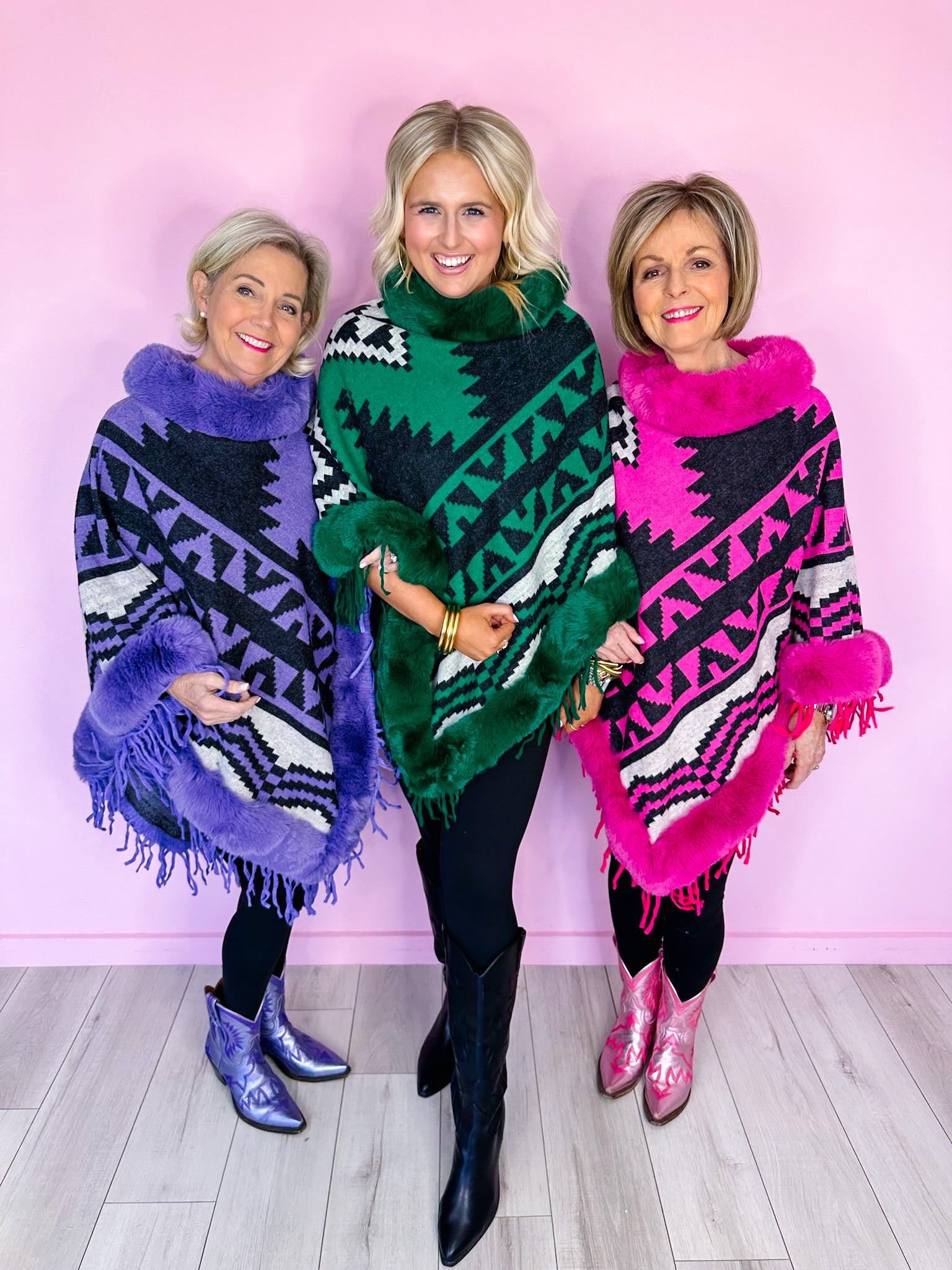 AZTEC MIRAGE FUR TRIM PONCHO - FUCHSIA