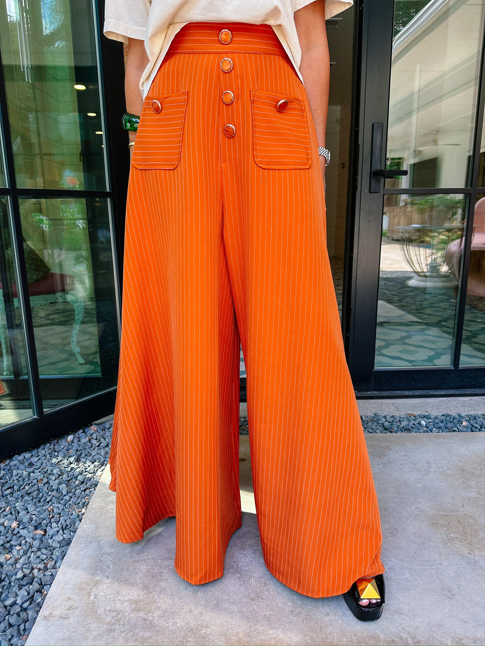 CHATEAU PINSTRIPE WIDE LEG PANTS - ORANGE