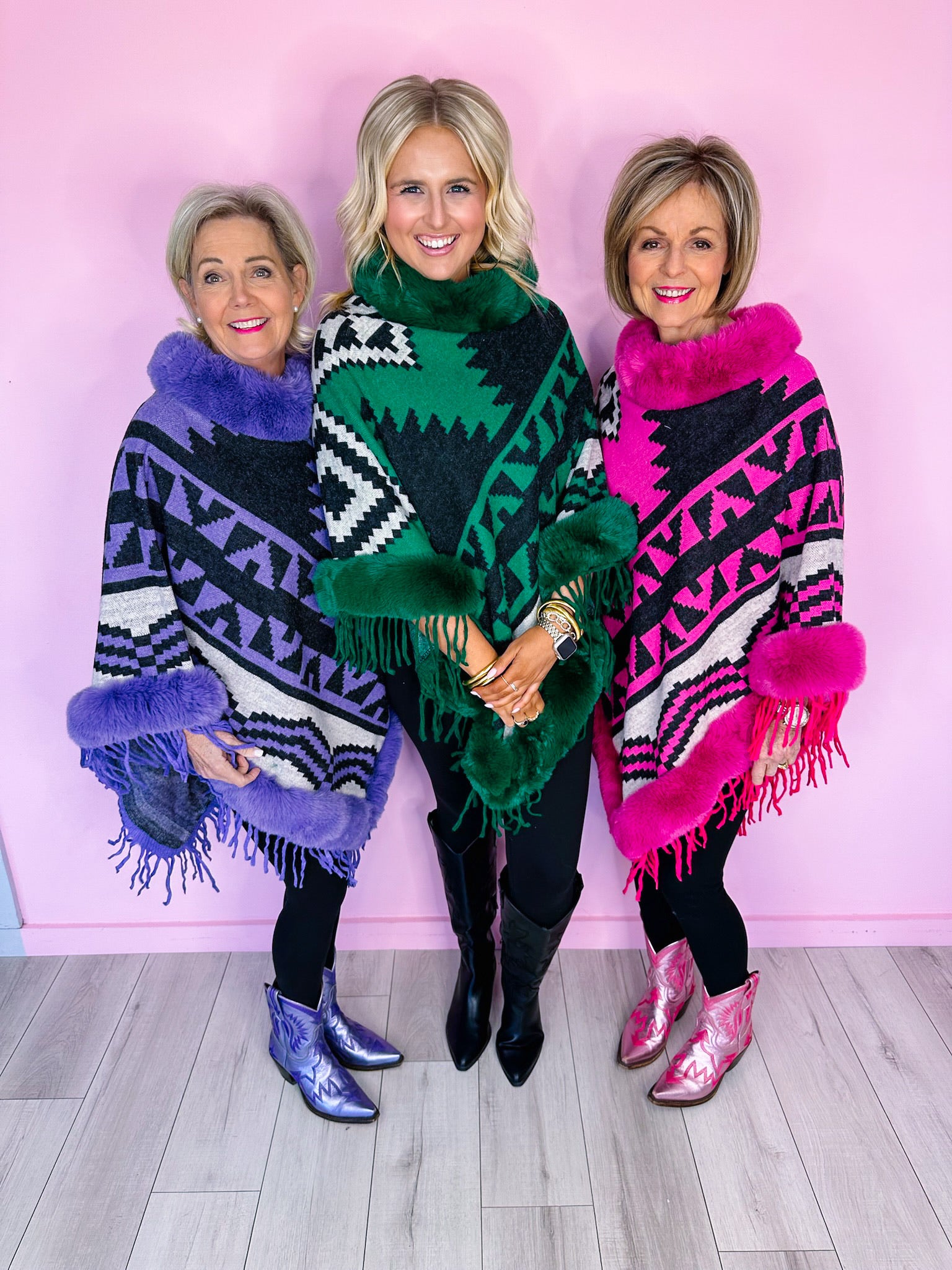 AZTEC MIRAGE FUR TRIM PONCHO - FUCHSIA