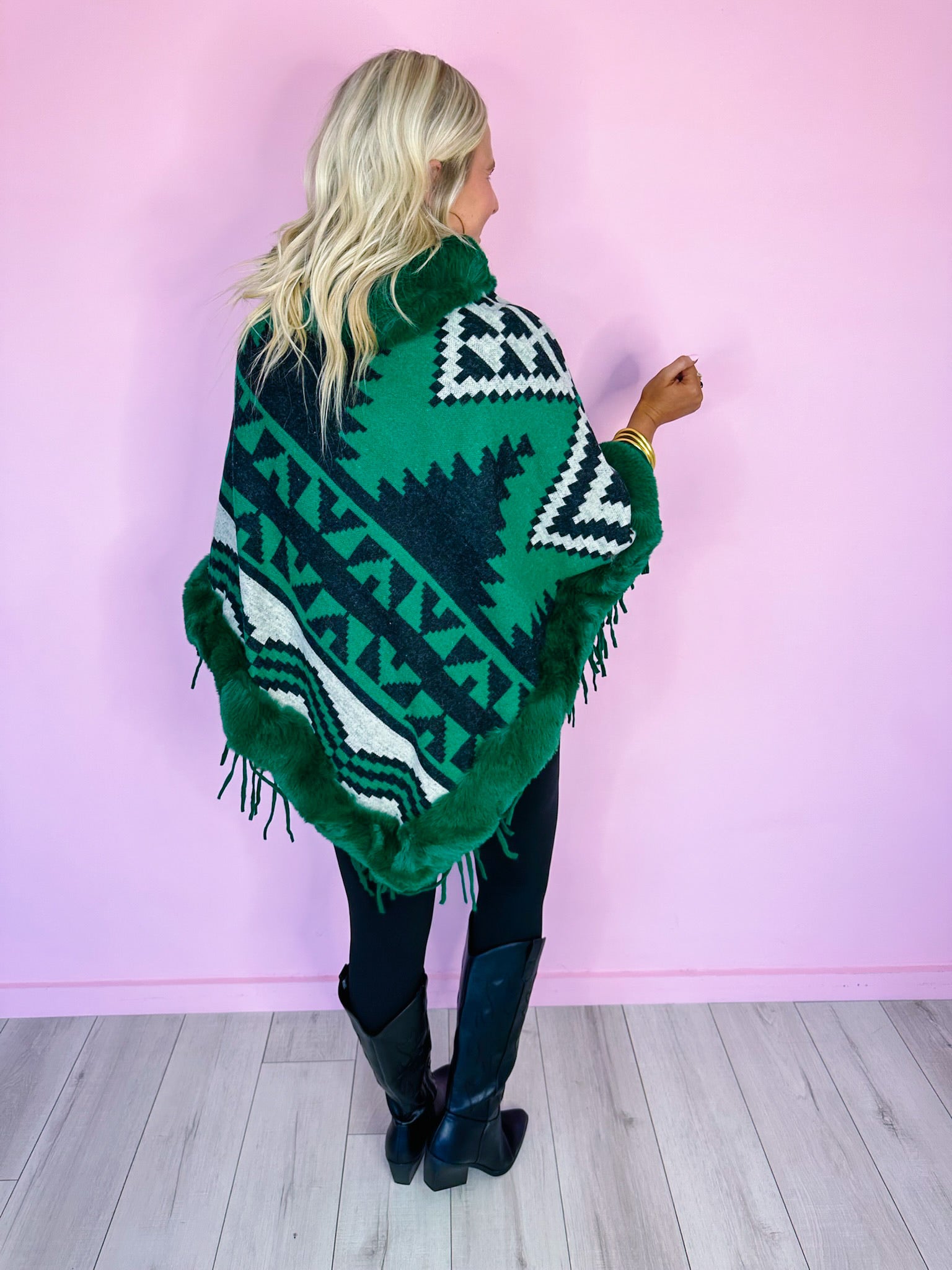 AZTEC MIRAGE FUR TRIM PONCHO - GREEN