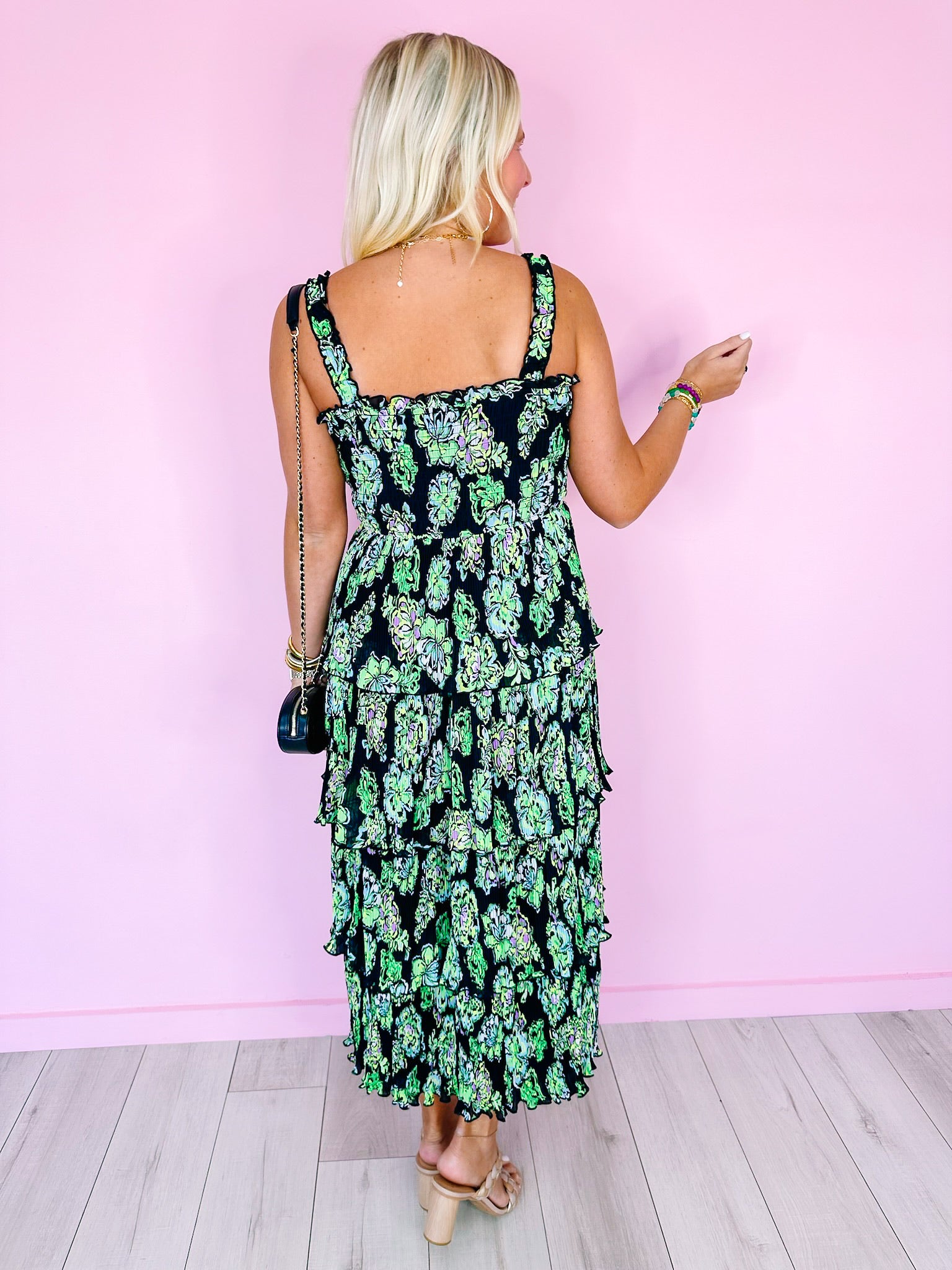 HONOLULU GARDEN SMOCKED MIDI DRESS - BLACK