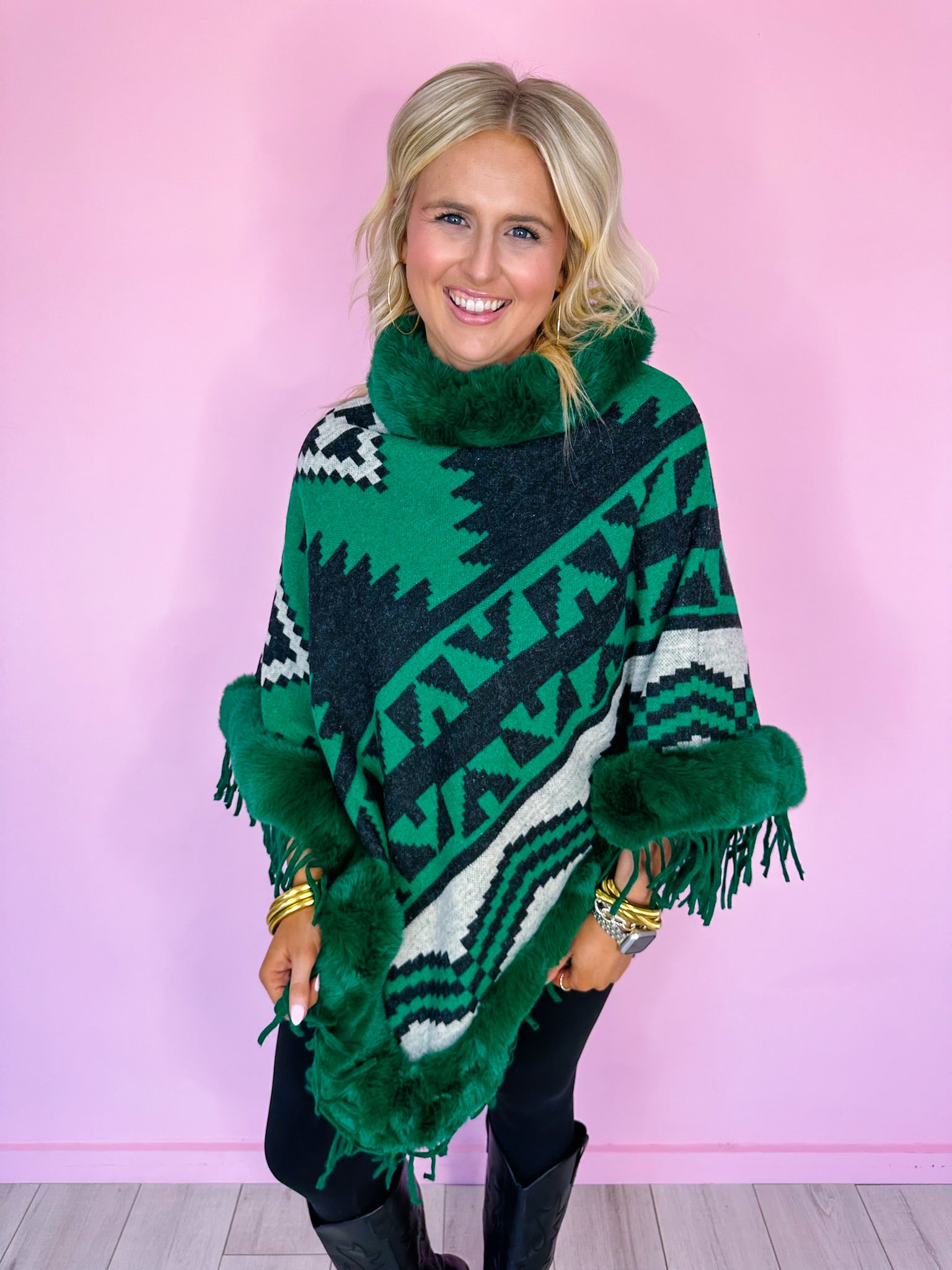 AZTEC MIRAGE FUR TRIM PONCHO - GREEN