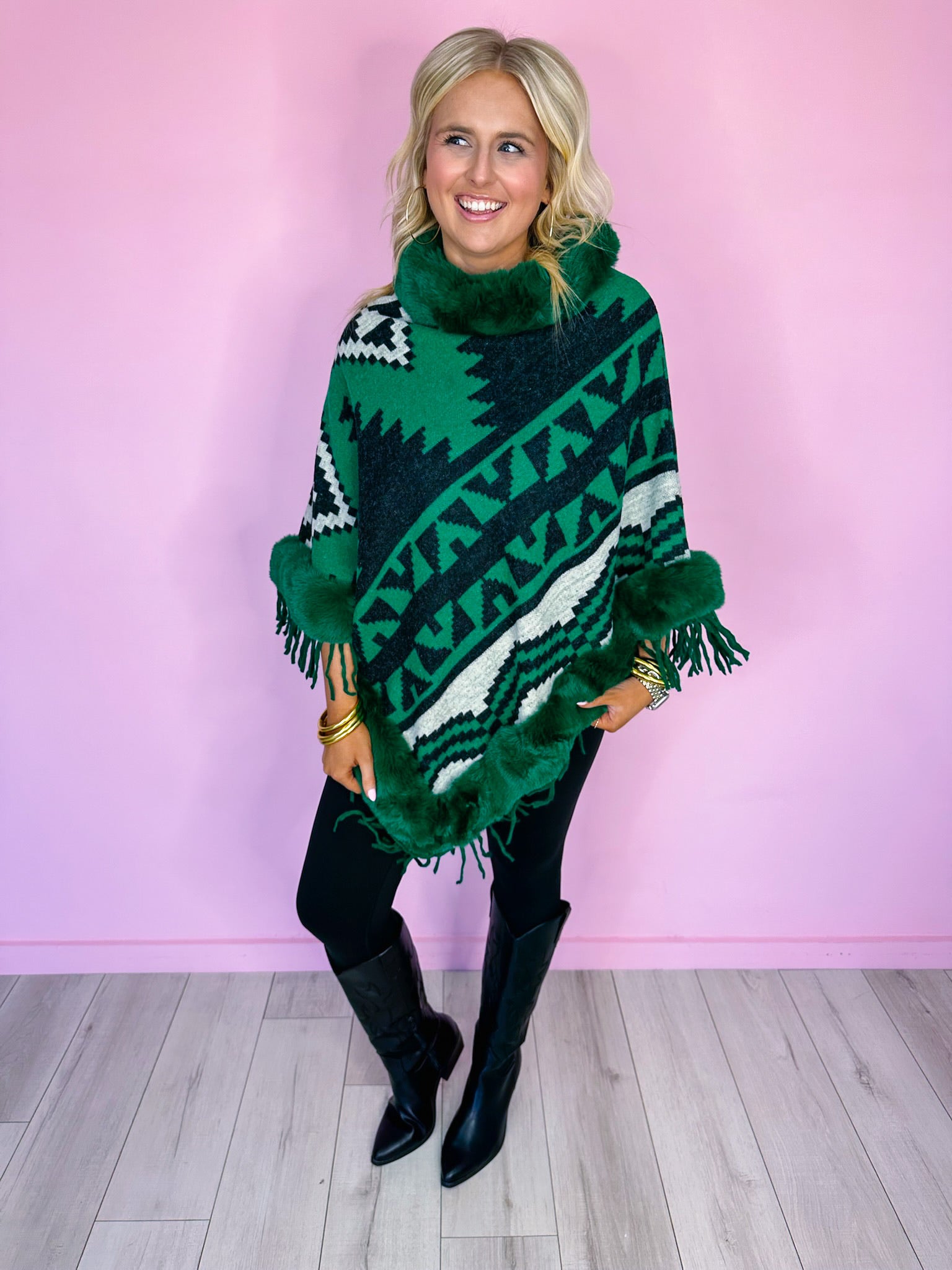 AZTEC MIRAGE FUR TRIM PONCHO - GREEN