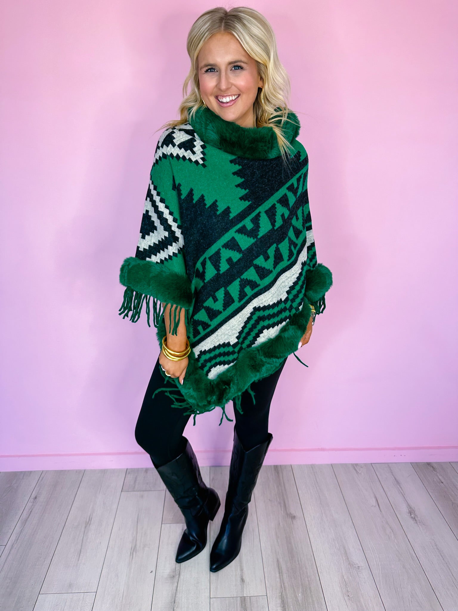 AZTEC MIRAGE FUR TRIM PONCHO - GREEN