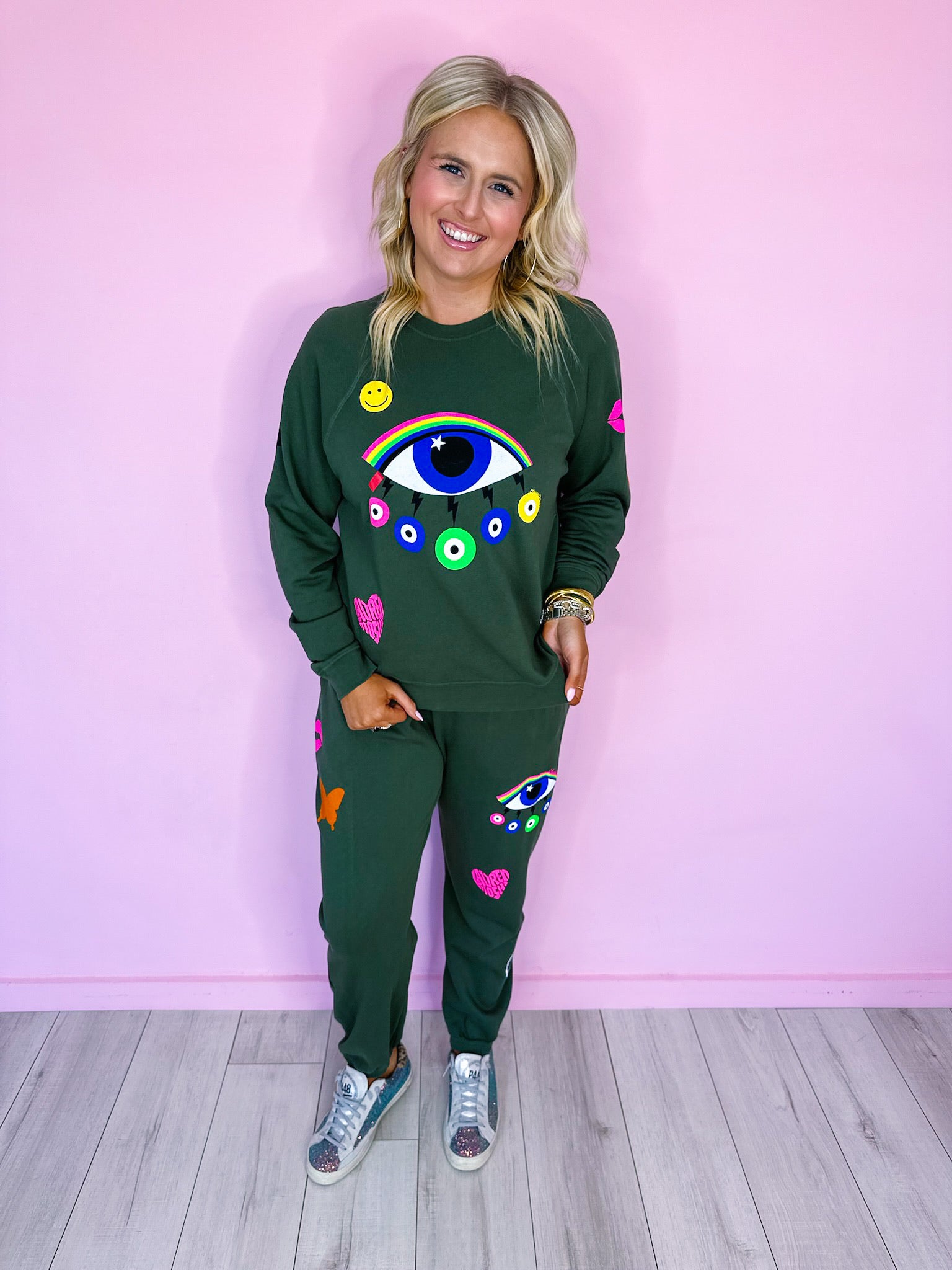 ANELA RAINBOW EVIL EYE SWEATSHIRT - GREEN