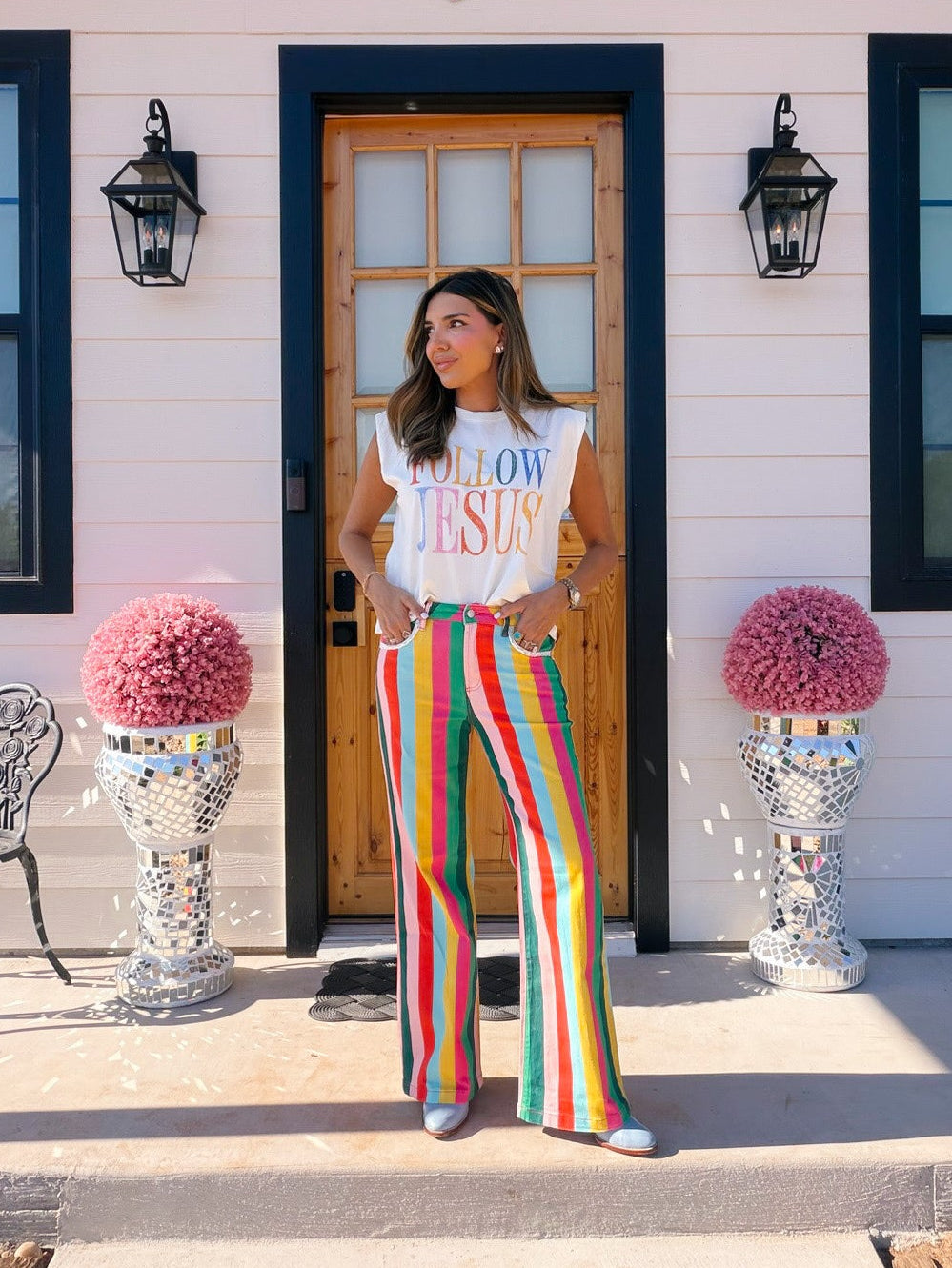 HOLIDAY HUES LACE TRIM STRIPE JEANS