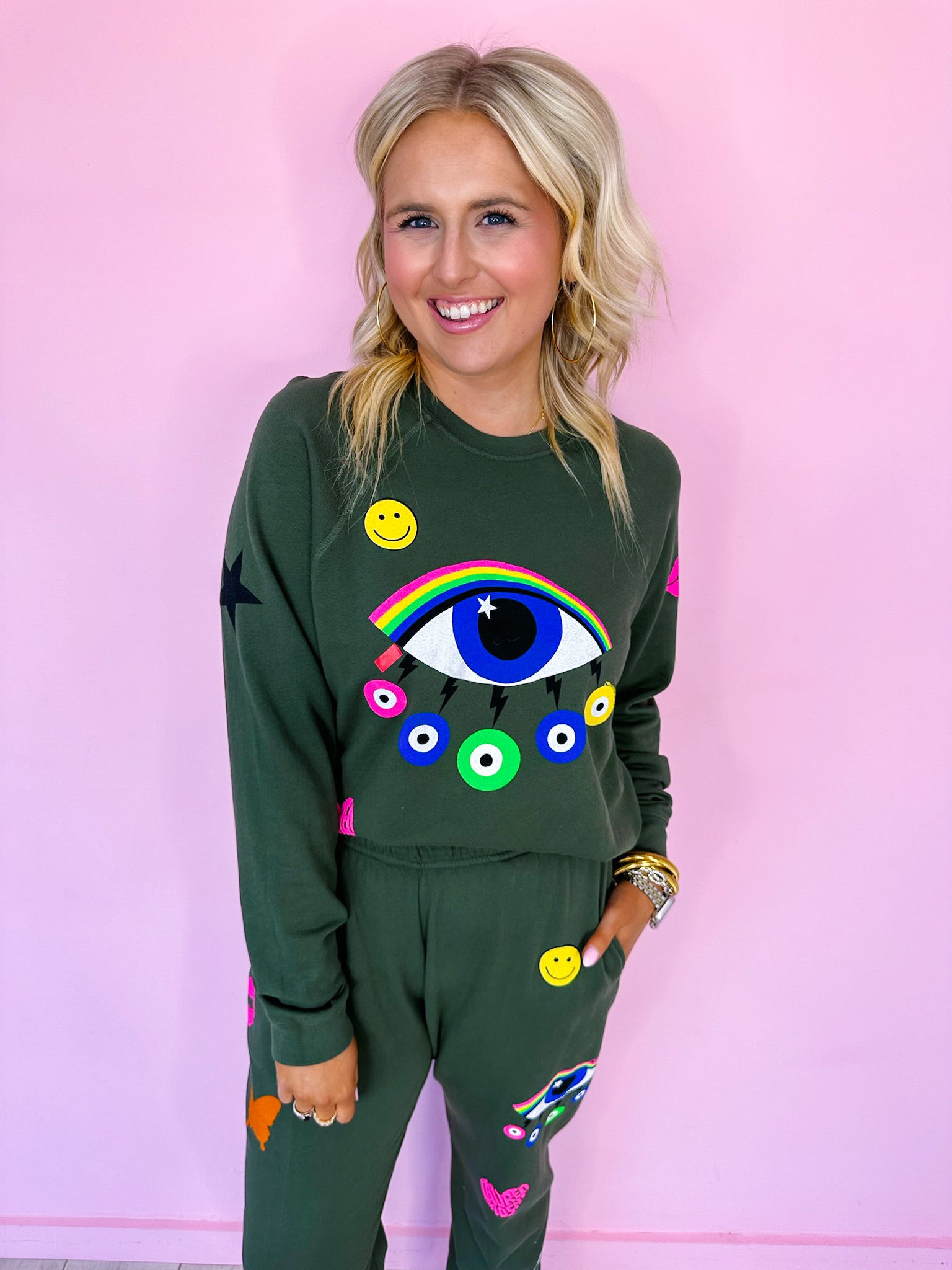 ANELA RAINBOW EVIL EYE SWEATSHIRT - GREEN