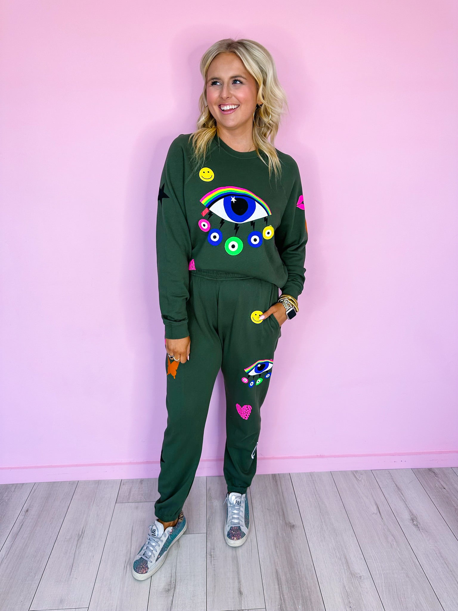 ANELA RAINBOW EVIL EYE SWEATSHIRT - GREEN