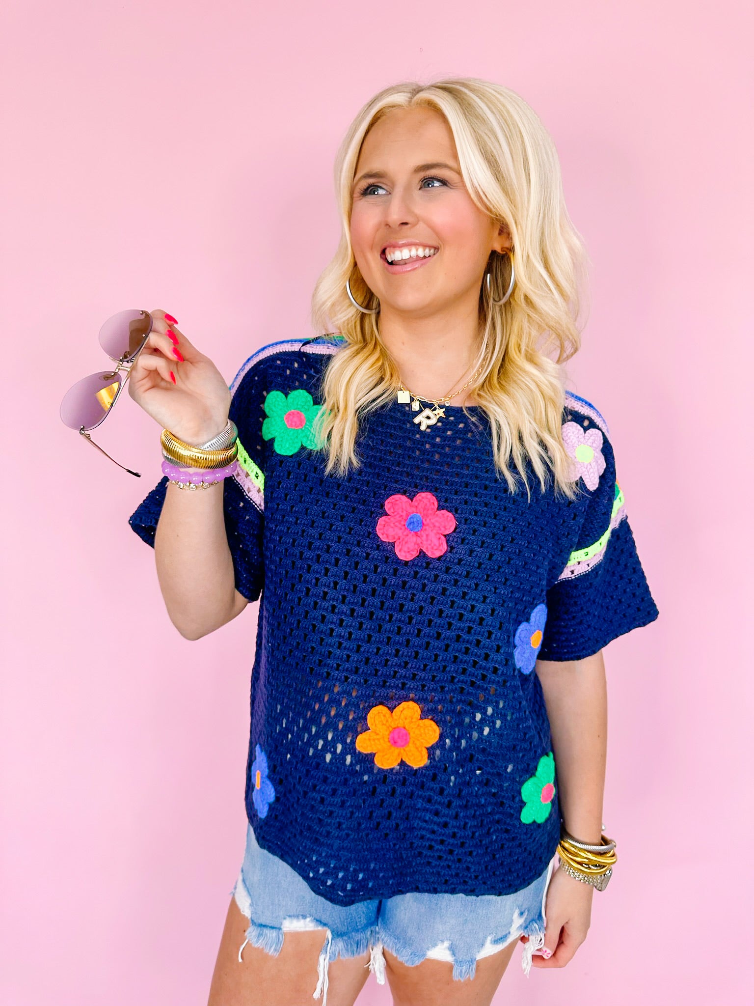 AWESOME BLOSSOM CROCHET TOP - NAVY