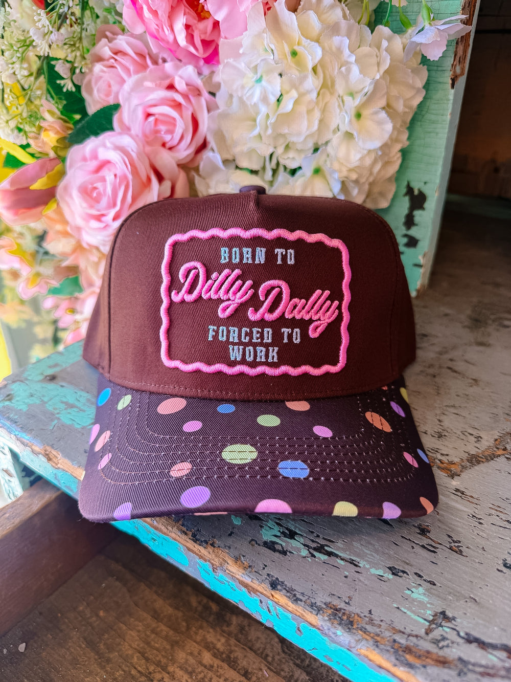 BORN TO DILLY DALLY POLKA DOT CANVAS TRUCKER HAT - BROWN