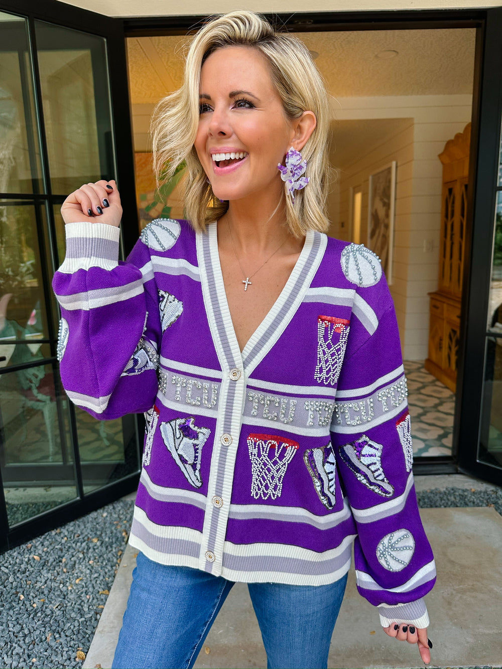 TCU BASKETBALL RHINESTONE ICON CARDIGAN - PURPLE