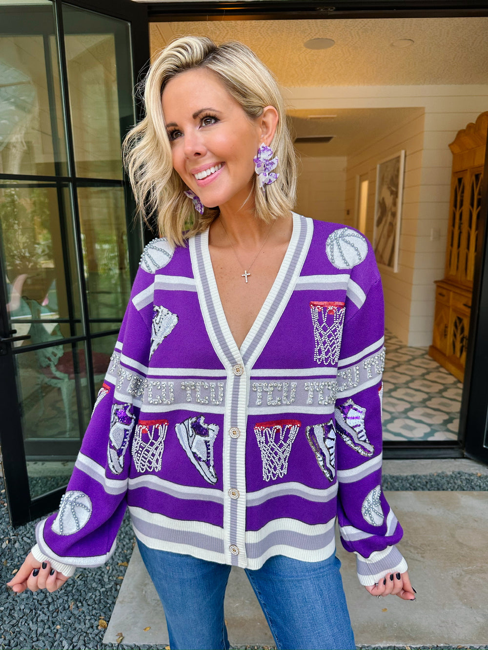 TCU BASKETBALL RHINESTONE ICON CARDIGAN - PURPLE