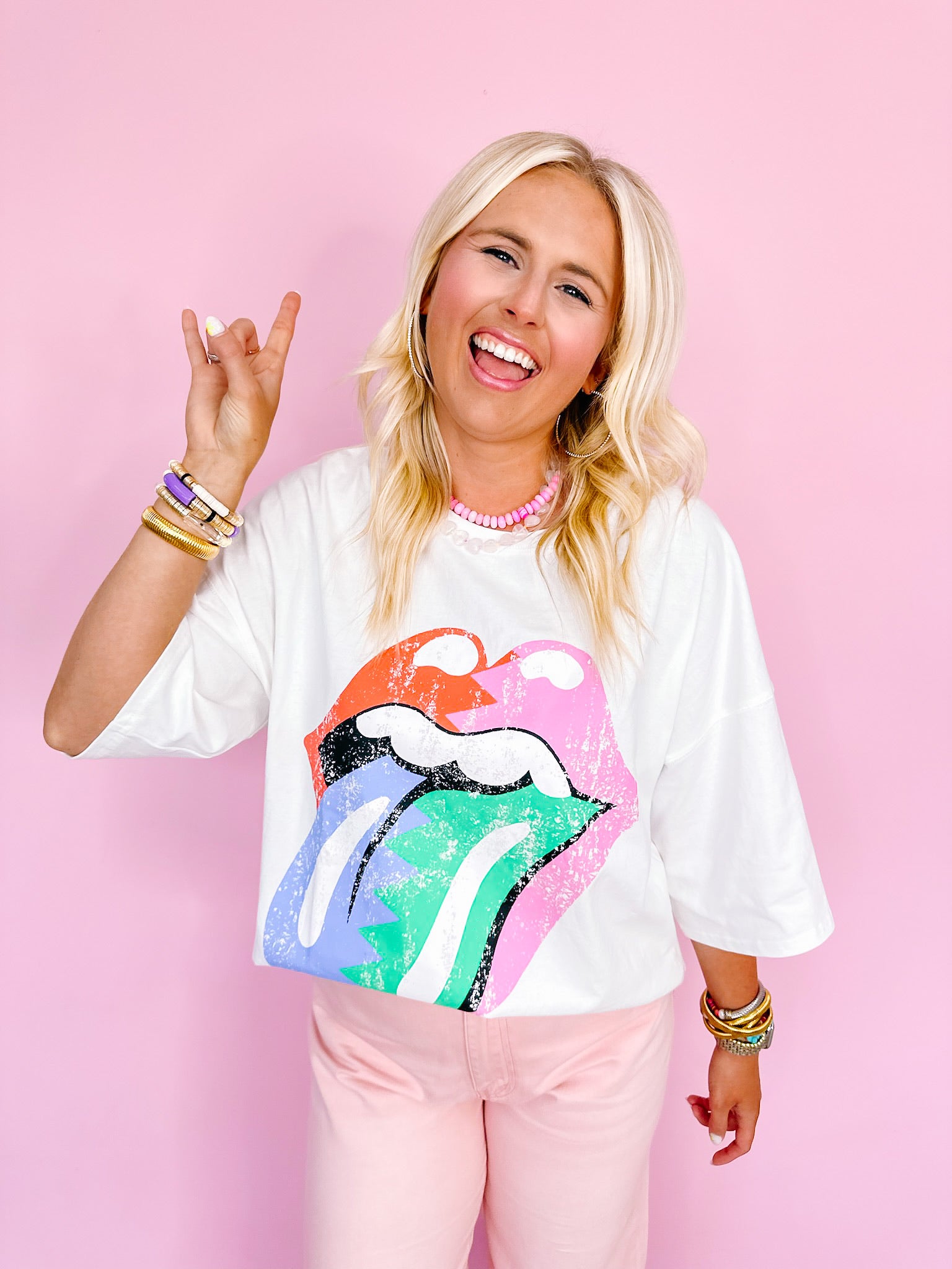 ROLLING STONES COLORBLOCK LICK TOP - PINK/GREEN