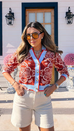 EXPECT THE UNEXPECTED GEOMETRIC PAISLEY CONTRAST TRIM CARDIGAN