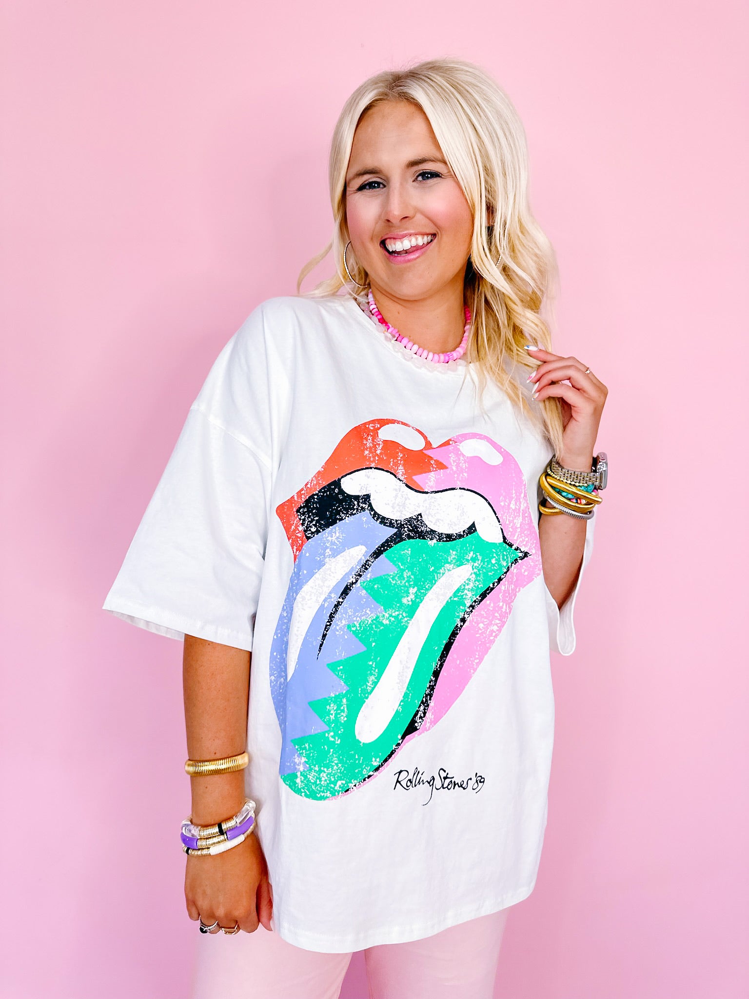 ROLLING STONES COLORBLOCK LICK TOP - PINK/GREEN