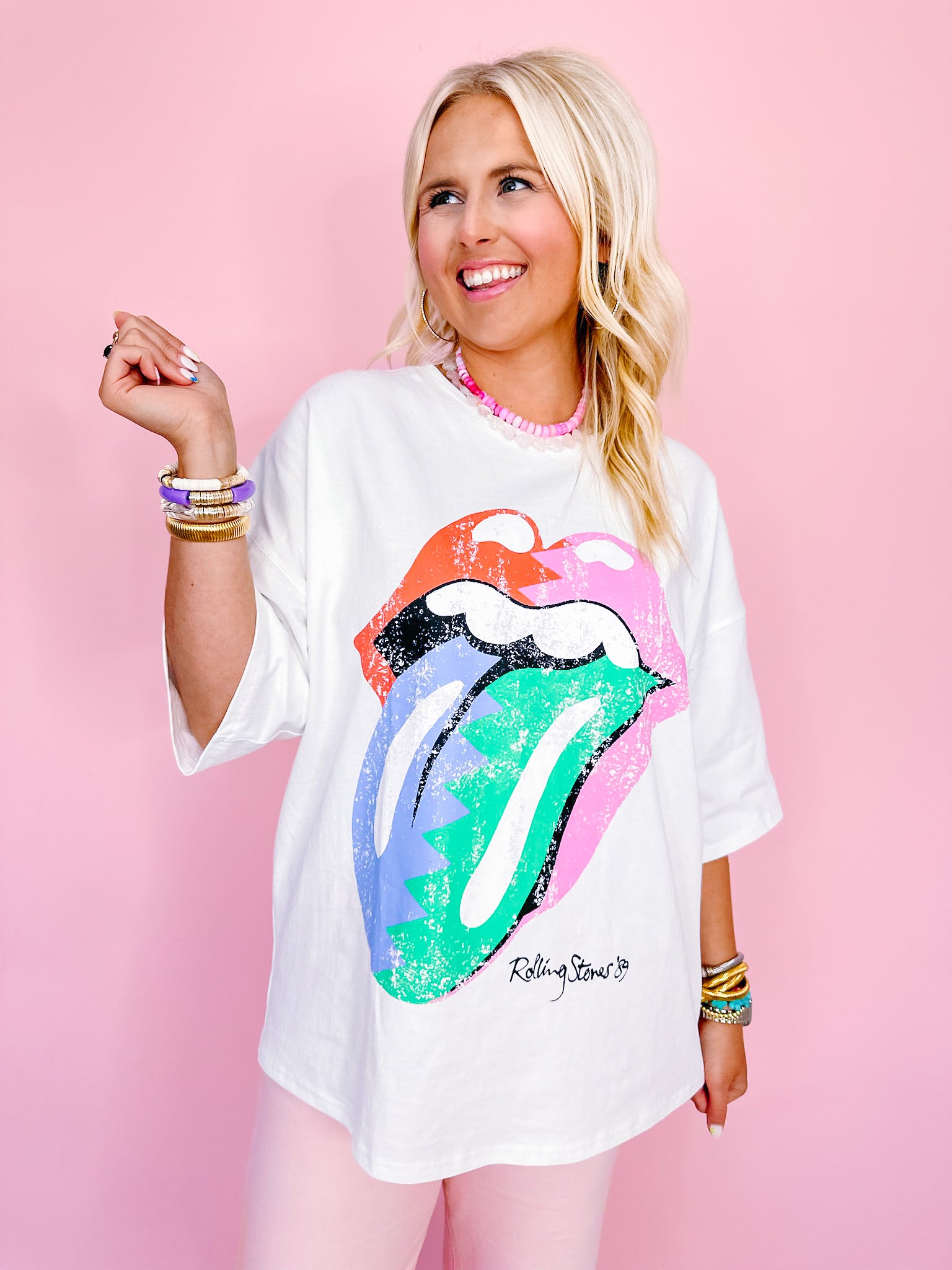 ROLLING STONES COLORBLOCK LICK TOP - PINK/GREEN