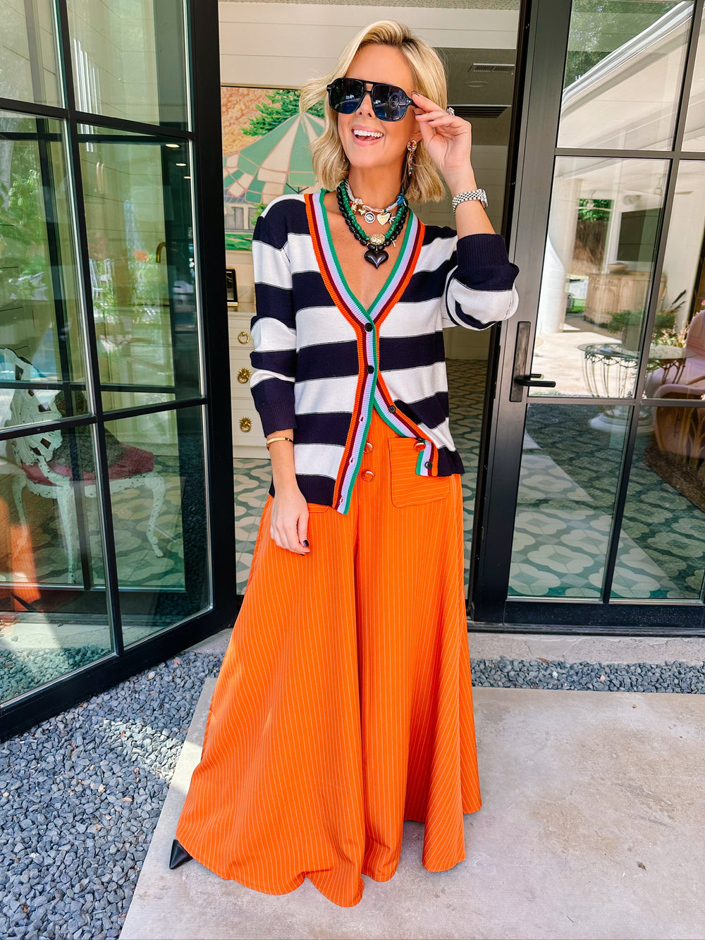 CHATEAU PINSTRIPE WIDE LEG PANTS - ORANGE
