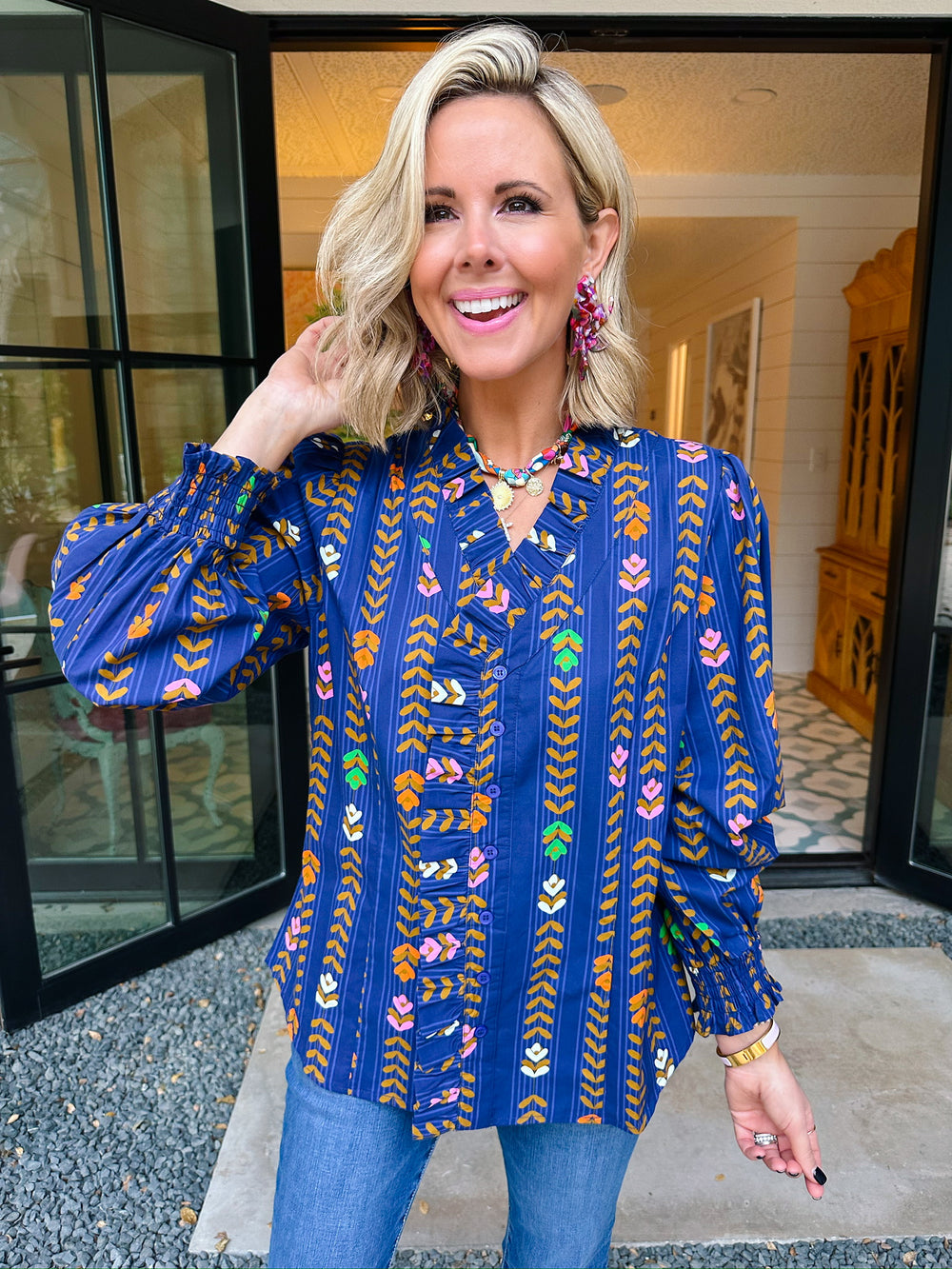 IN THE RIGHT DIRECTION FLORAL VINE LONG SLEEVE TOP - BLUE