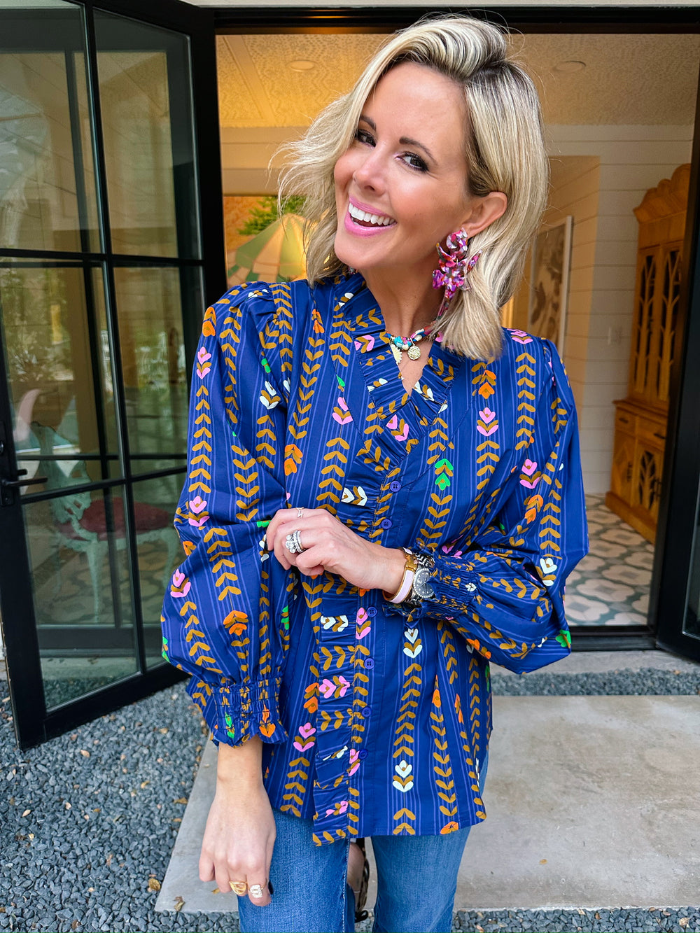 IN THE RIGHT DIRECTION FLORAL VINE LONG SLEEVE TOP - BLUE