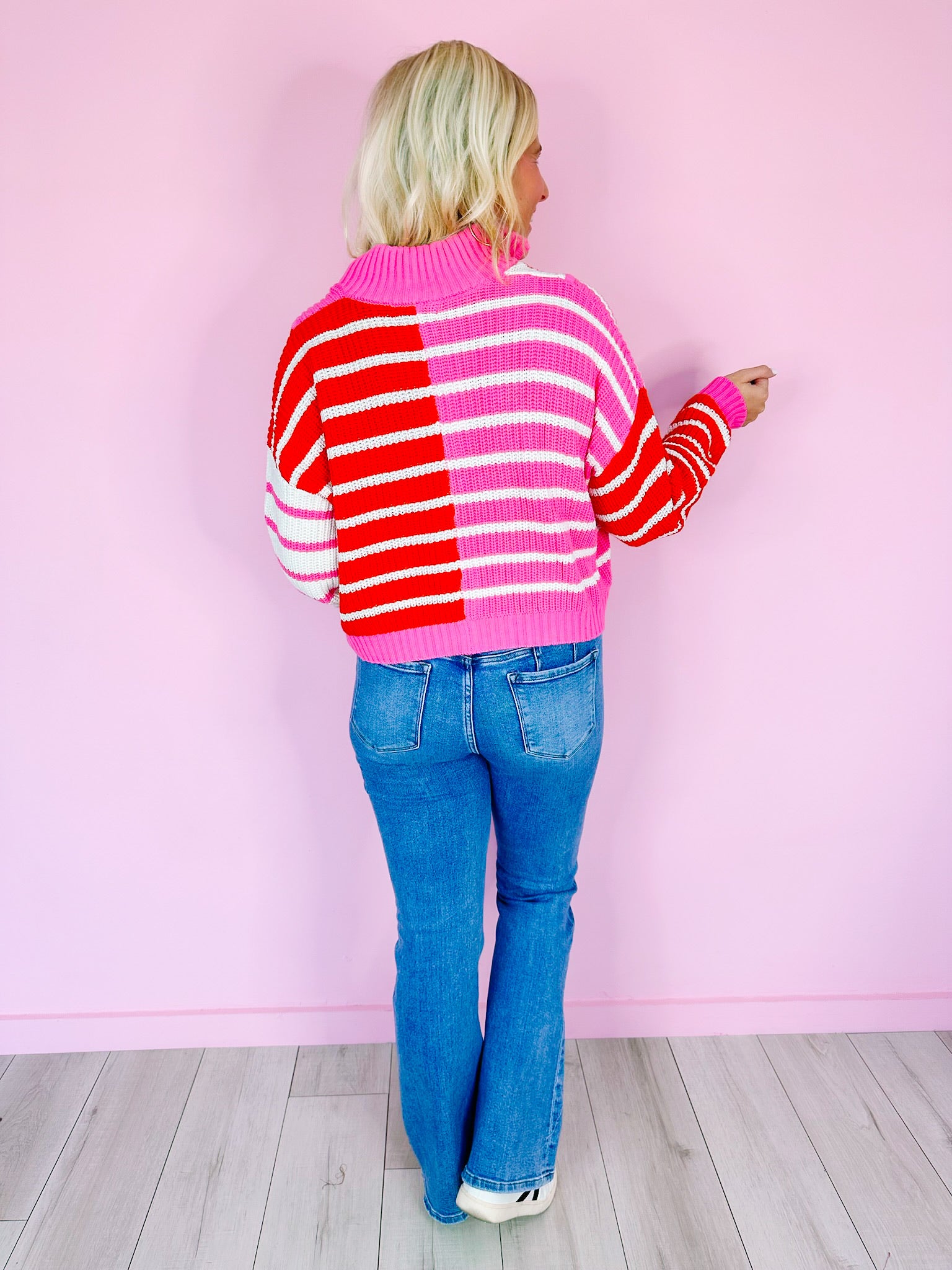 SEE MY STRIPES COLORBLOCK HALF ZIP SWEATER - PINK/RED