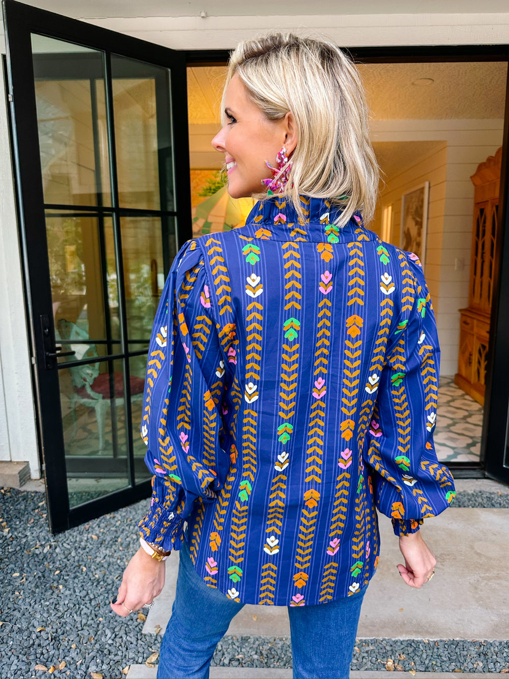 IN THE RIGHT DIRECTION FLORAL VINE LONG SLEEVE TOP - BLUE