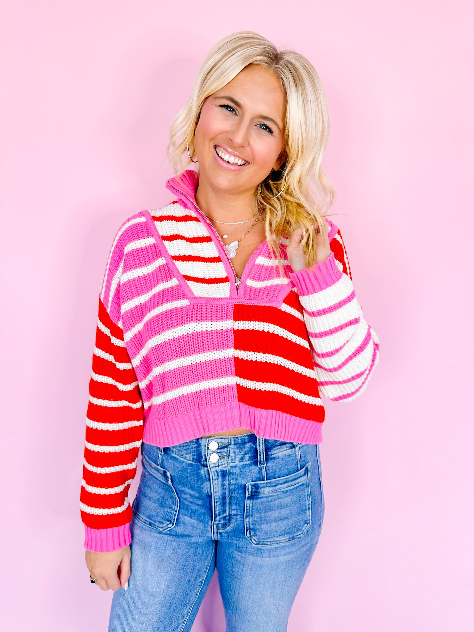 SEE MY STRIPES COLORBLOCK HALF ZIP SWEATER - PINK/RED