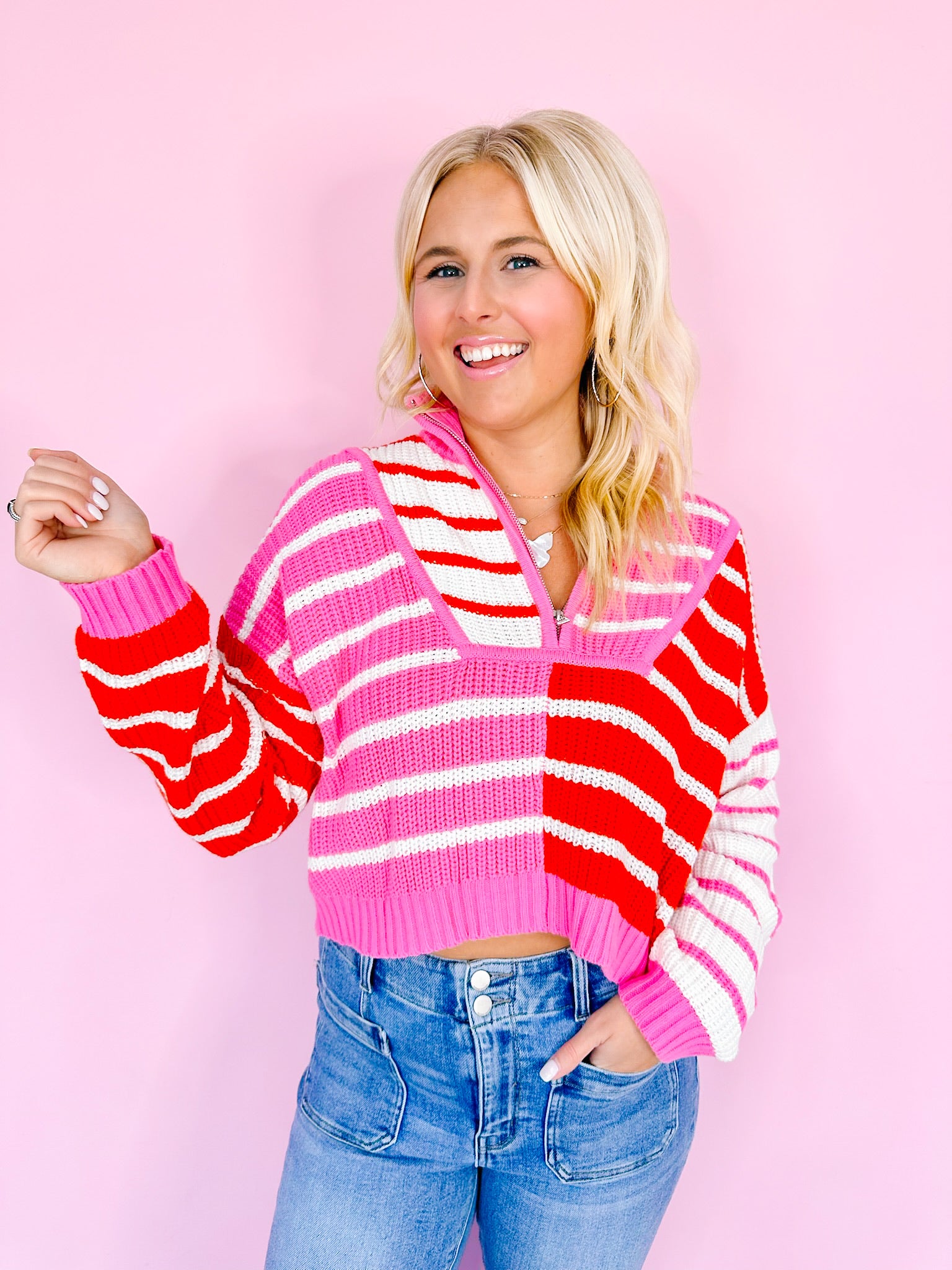 SEE MY STRIPES COLORBLOCK HALF ZIP SWEATER - PINK/RED