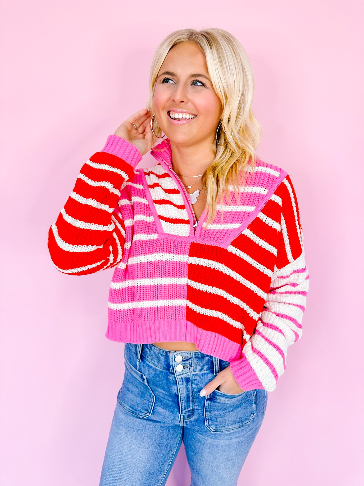 SEE MY STRIPES COLORBLOCK HALF ZIP SWEATER - PINK/RED