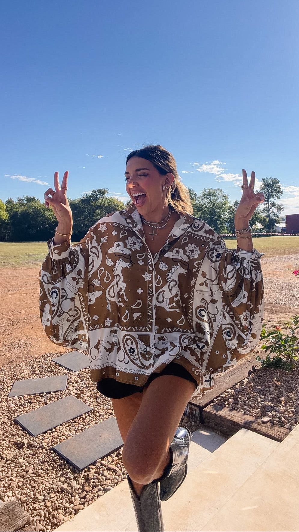COSMIC COWGIRL SILKY BUTTON UP TOP - BROWN