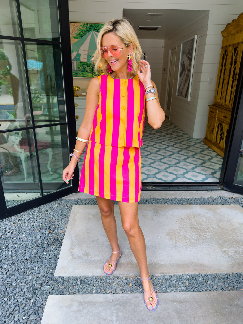 WHITNI BOLD STRIPE SKIRT SET - ORANGE/PINK