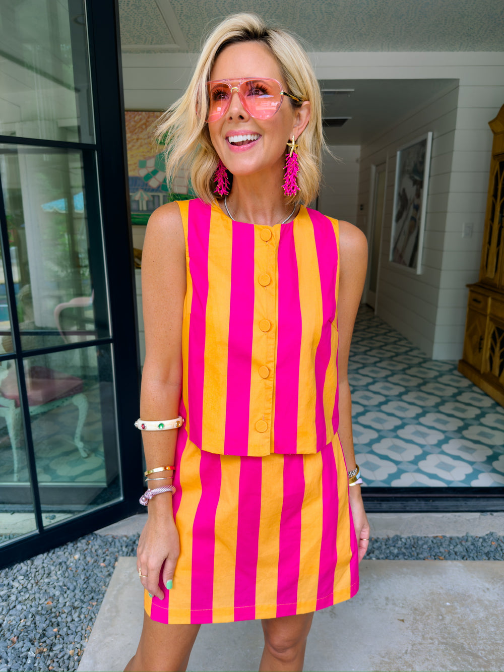 WHITNI BOLD STRIPE SKIRT SET - ORANGE/PINK