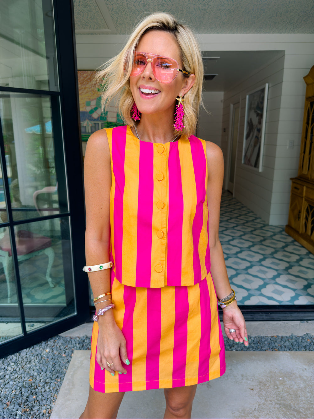 WHITNI BOLD STRIPE SKIRT SET - ORANGE/PINK