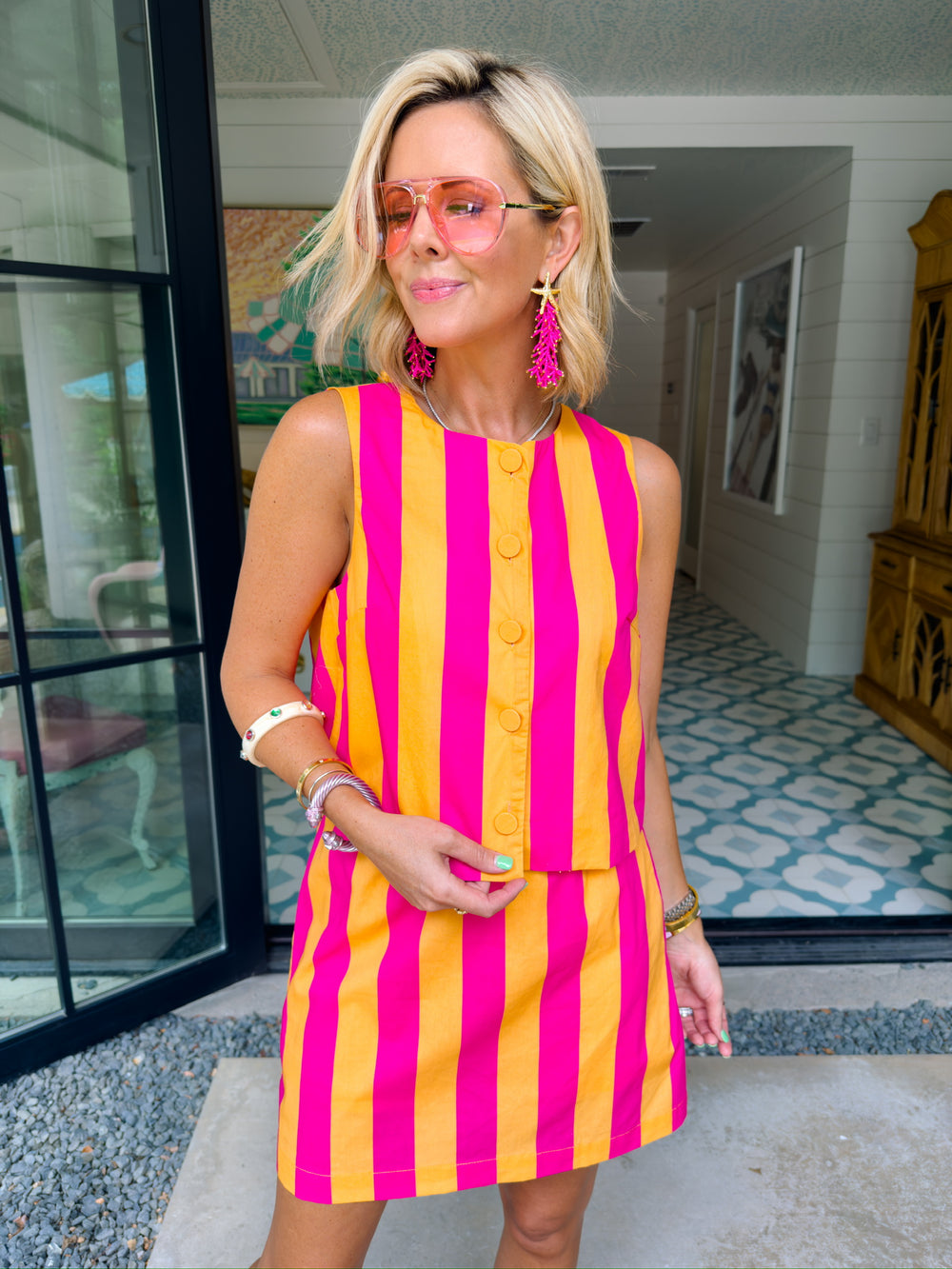 WHITNI BOLD STRIPE SKIRT SET - ORANGE/PINK