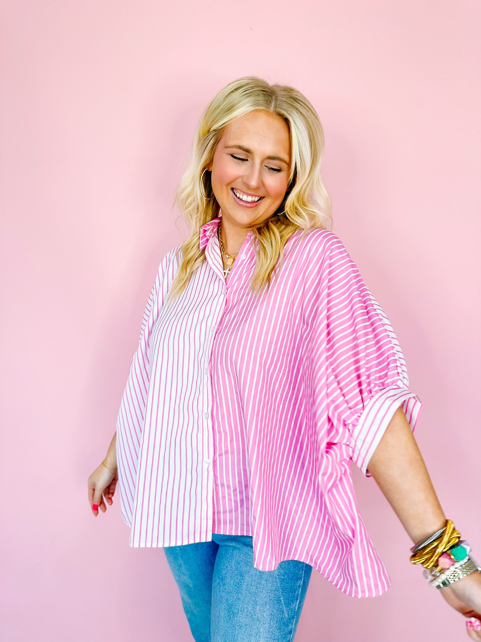 DOUBLE THE FUN COLOR BLOCK BUTTON UP TOP - PINK