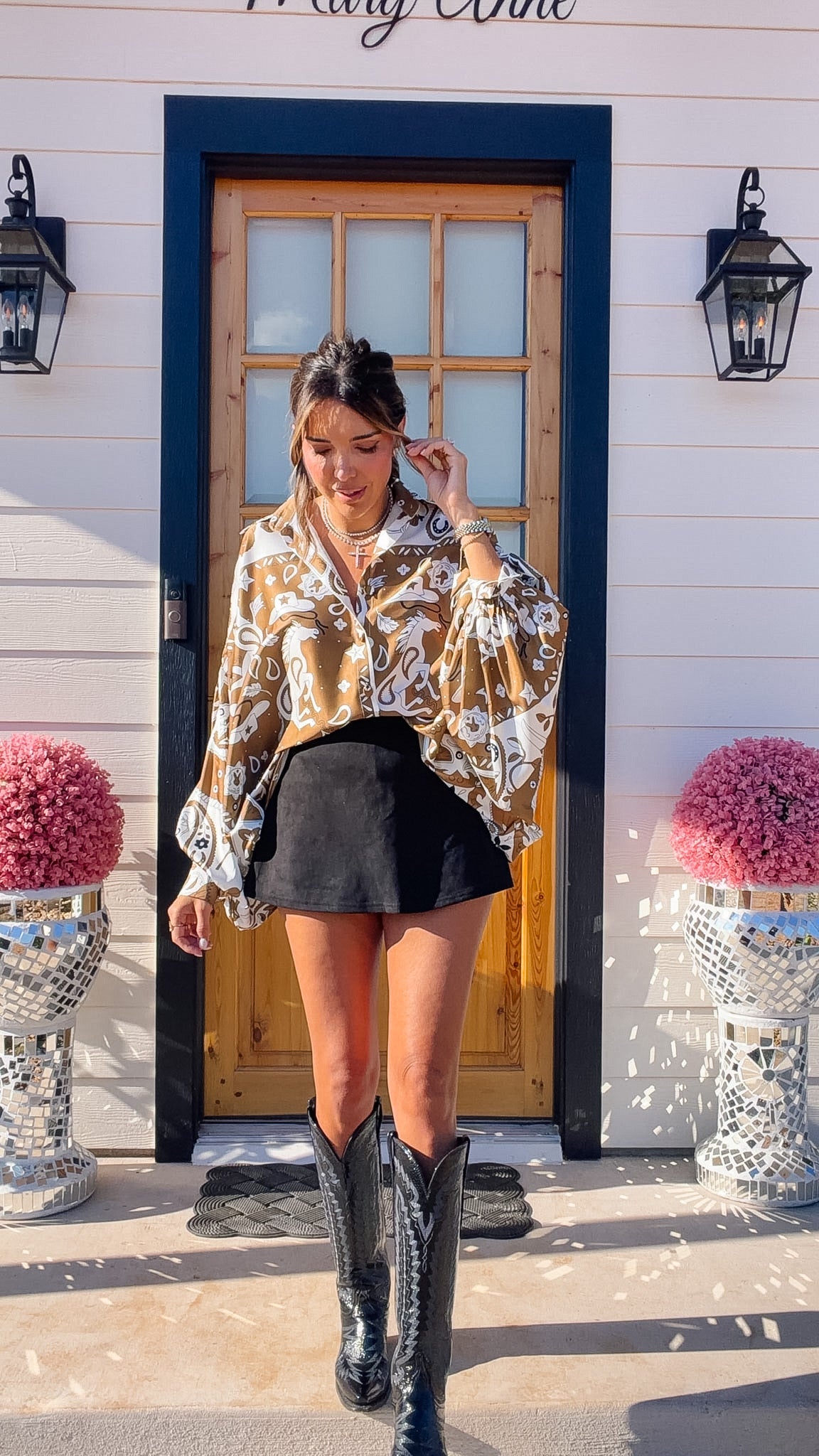 COSMIC COWGIRL SILKY BUTTON UP TOP - BROWN