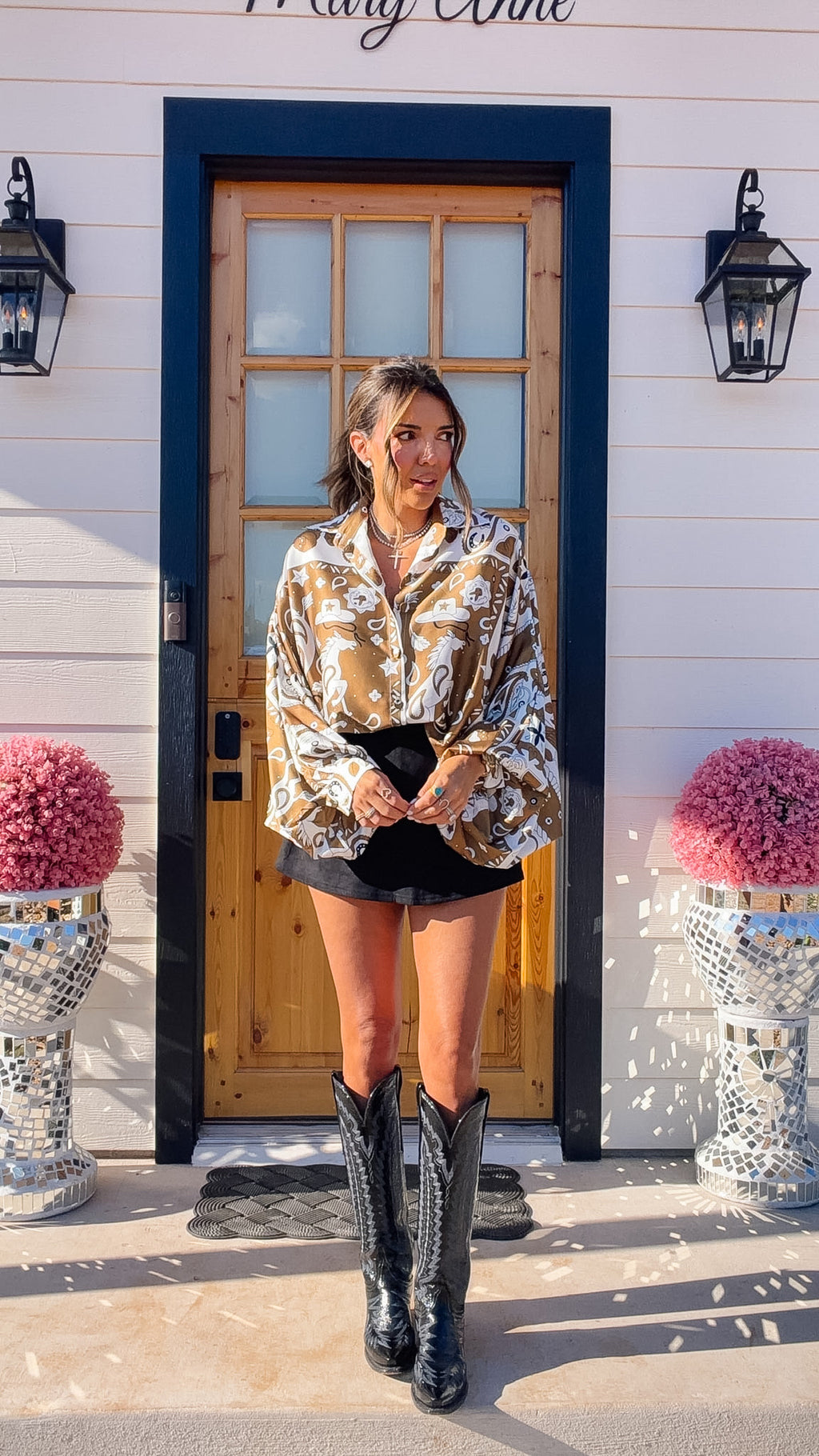 COSMIC COWGIRL SILKY BUTTON UP TOP - BROWN