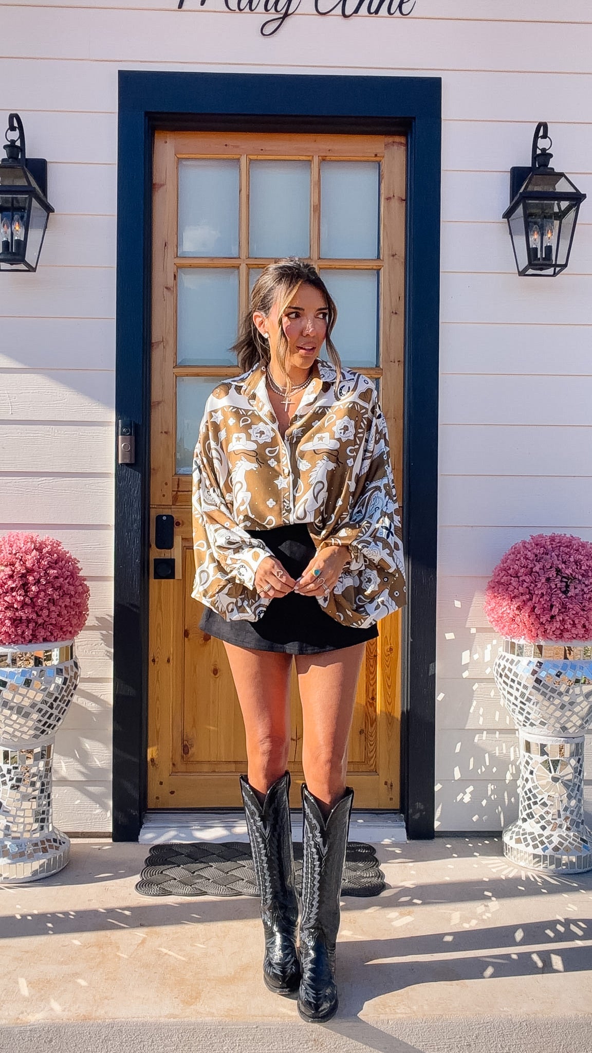 COSMIC COWGIRL SILKY BUTTON UP TOP - BROWN