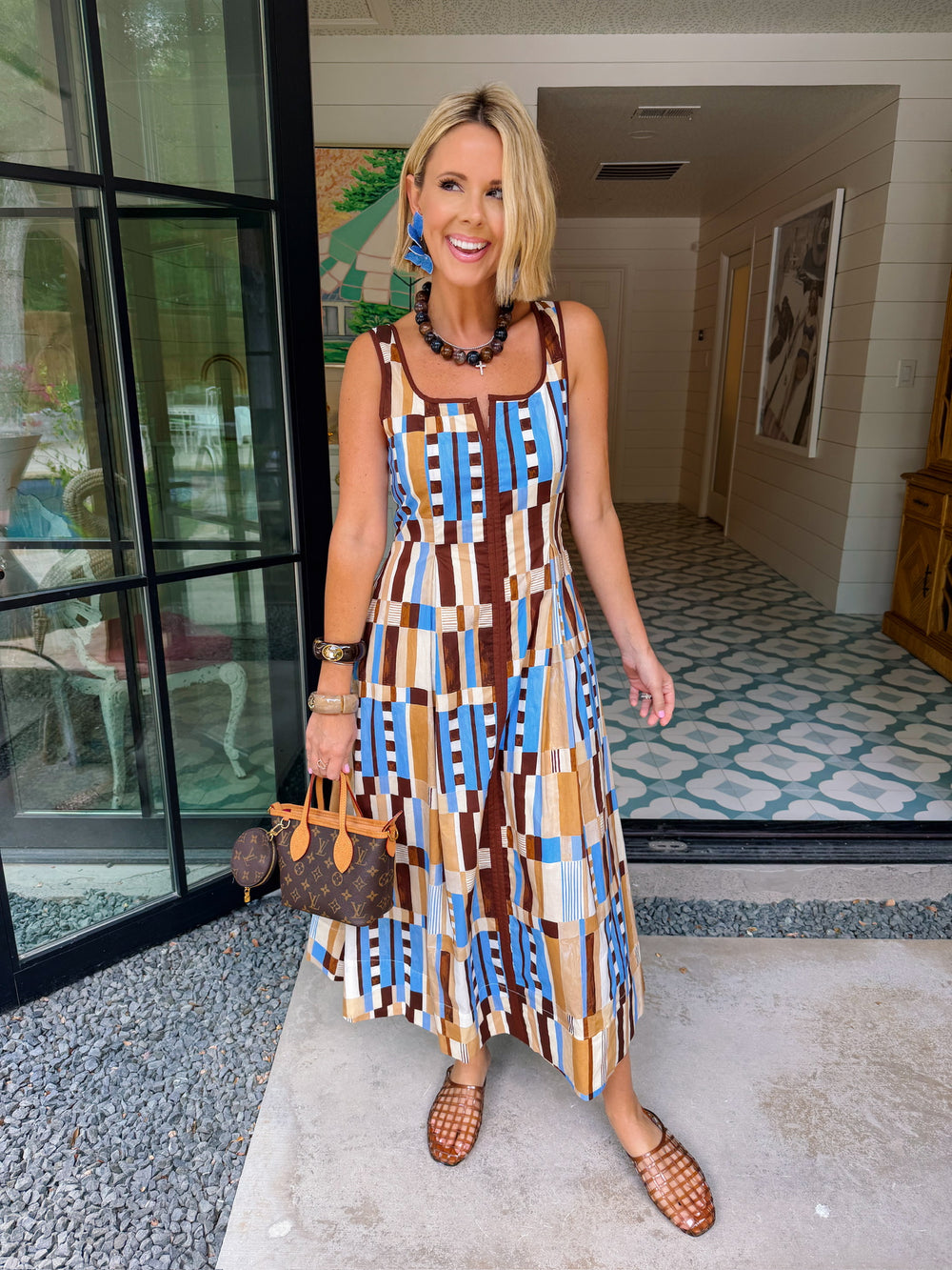 PATTERN OF THOUGHT ABSTRACT MIDI DRESS - BROWN/BLUE