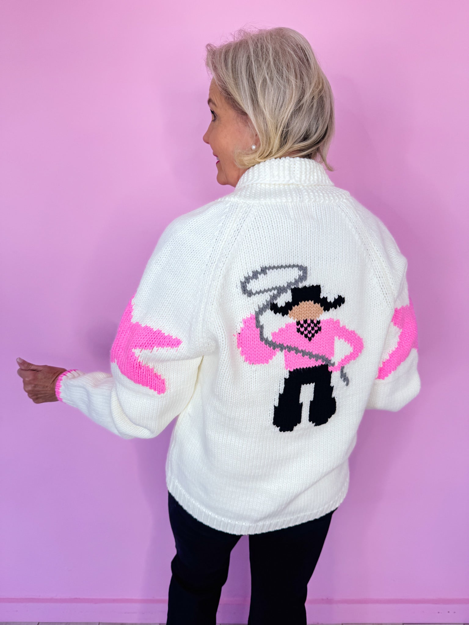 LASSO YOU IN COWBOY CARDIGAN - IVORY/PINK