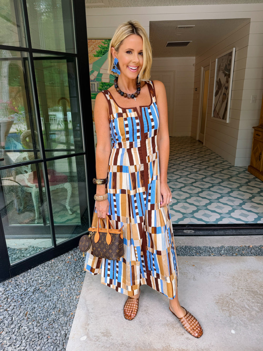 PATTERN OF THOUGHT ABSTRACT MIDI DRESS - BROWN/BLUE