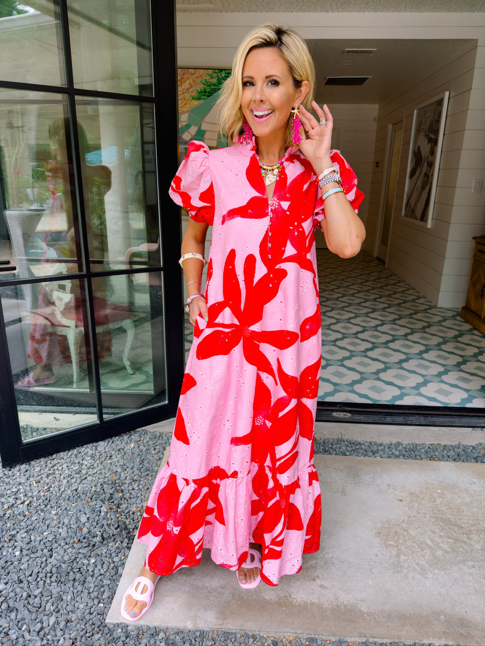 ECHOES OF A BLOOM EYELET MIDI DRESS - PINK/RED
