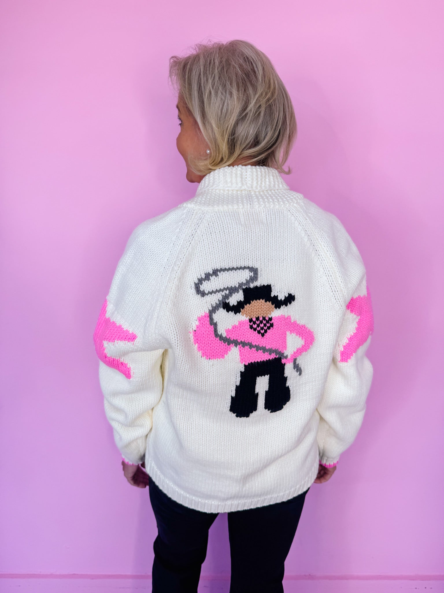 LASSO YOU IN COWBOY CARDIGAN - IVORY/PINK