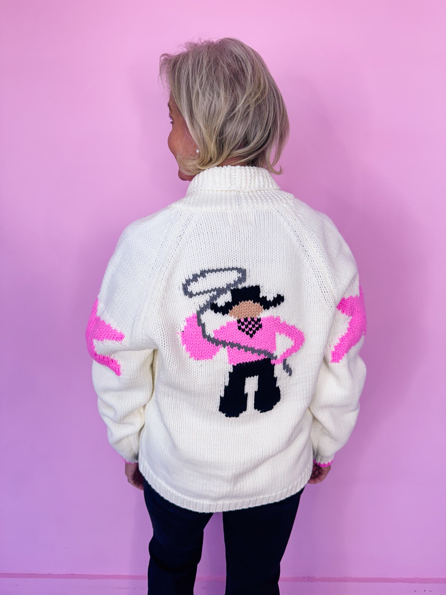 LASSO YOU IN COWBOY CARDIGAN - IVORY/PINK