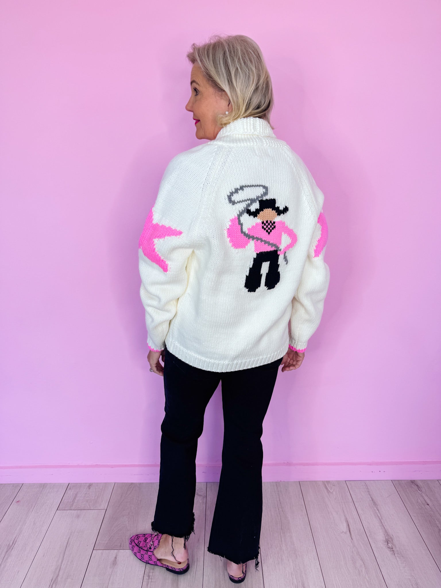 LASSO YOU IN COWBOY CARDIGAN - IVORY/PINK