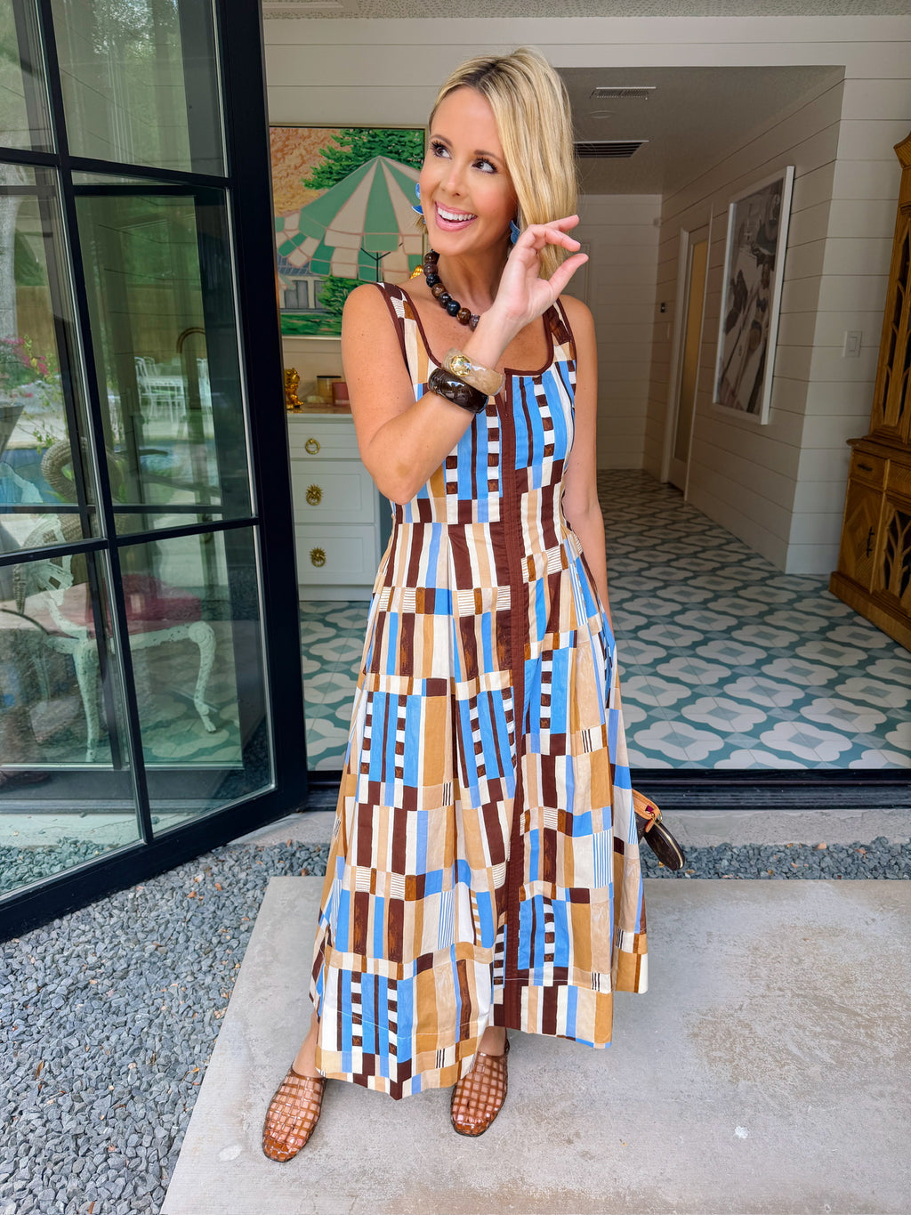 PATTERN OF THOUGHT ABSTRACT MIDI DRESS - BROWN/BLUE